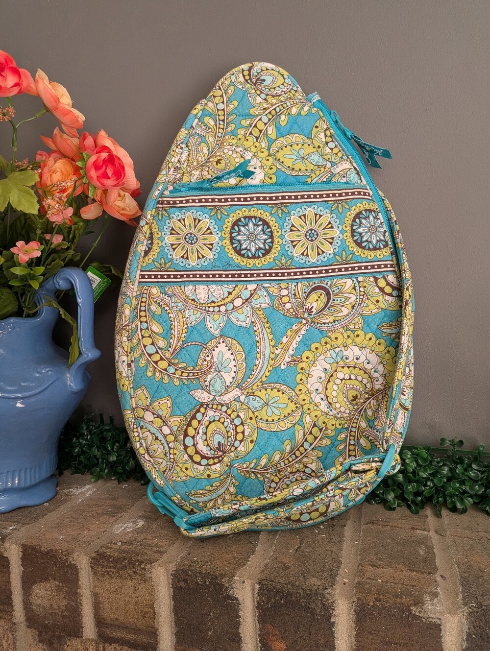 Vera Bradley Tennis Racket Sling Bag Turquoise and Yellow Paisley Quilted